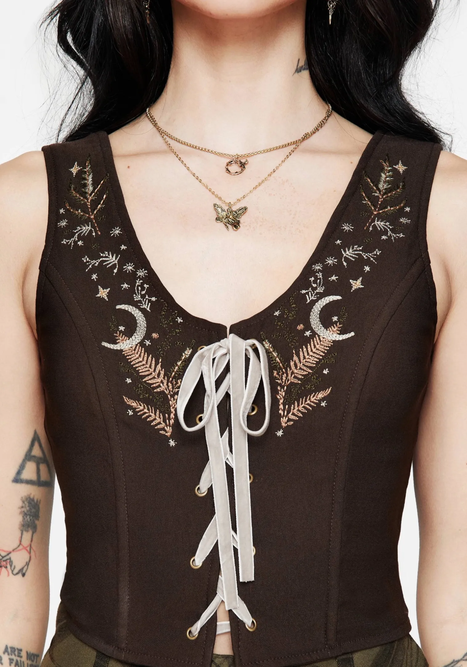 Abellona Embroidered Tie Up Front Corset Top