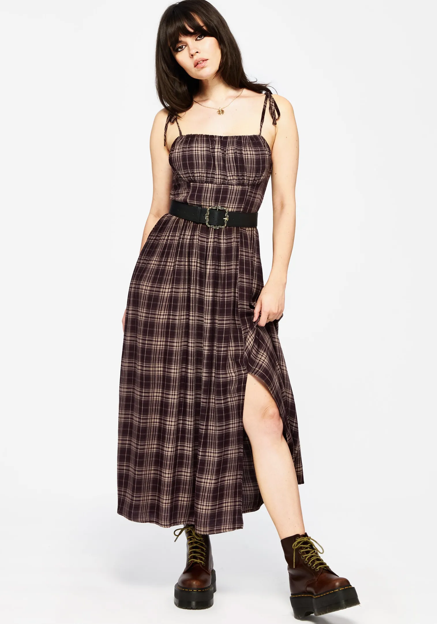 Adra Check Cami Tie Strap Midi Dress