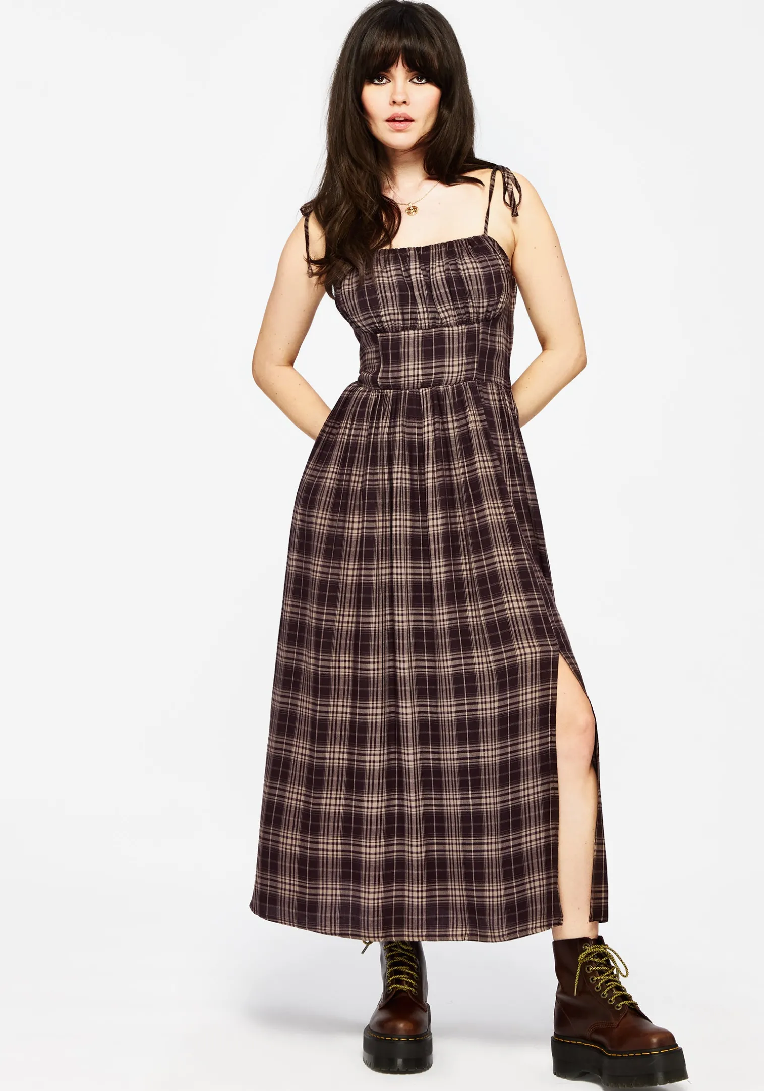 Adra Check Cami Tie Strap Midi Dress