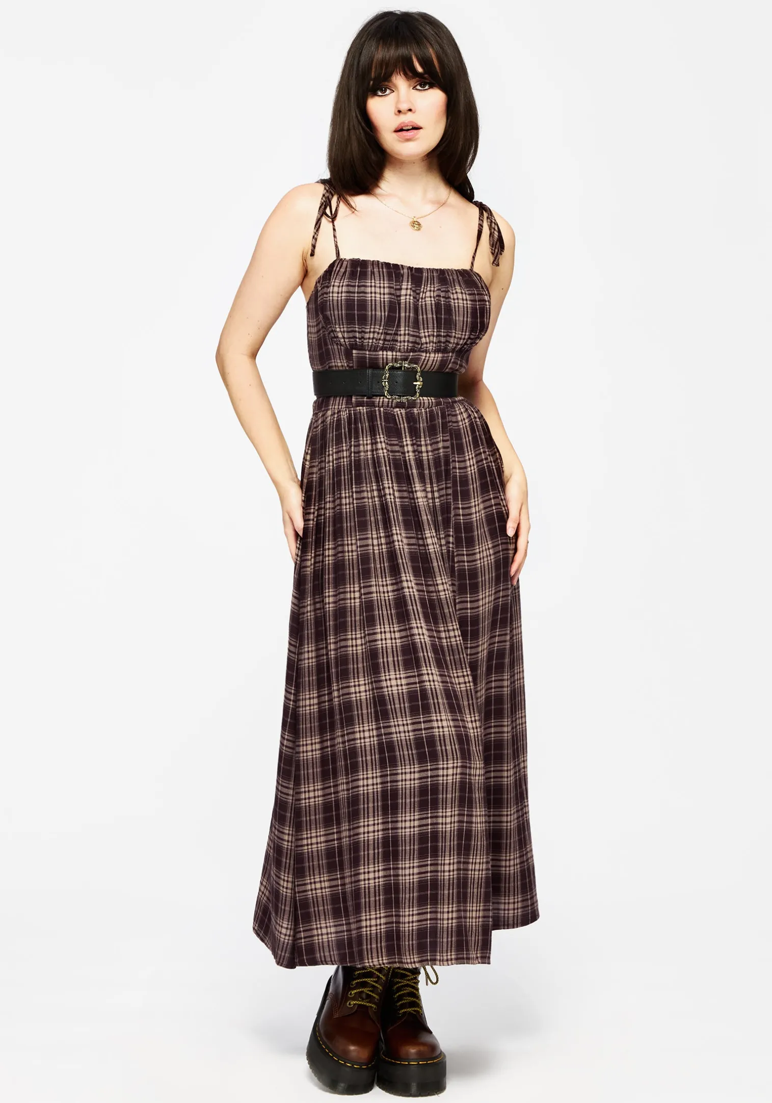 Adra Check Cami Tie Strap Midi Dress