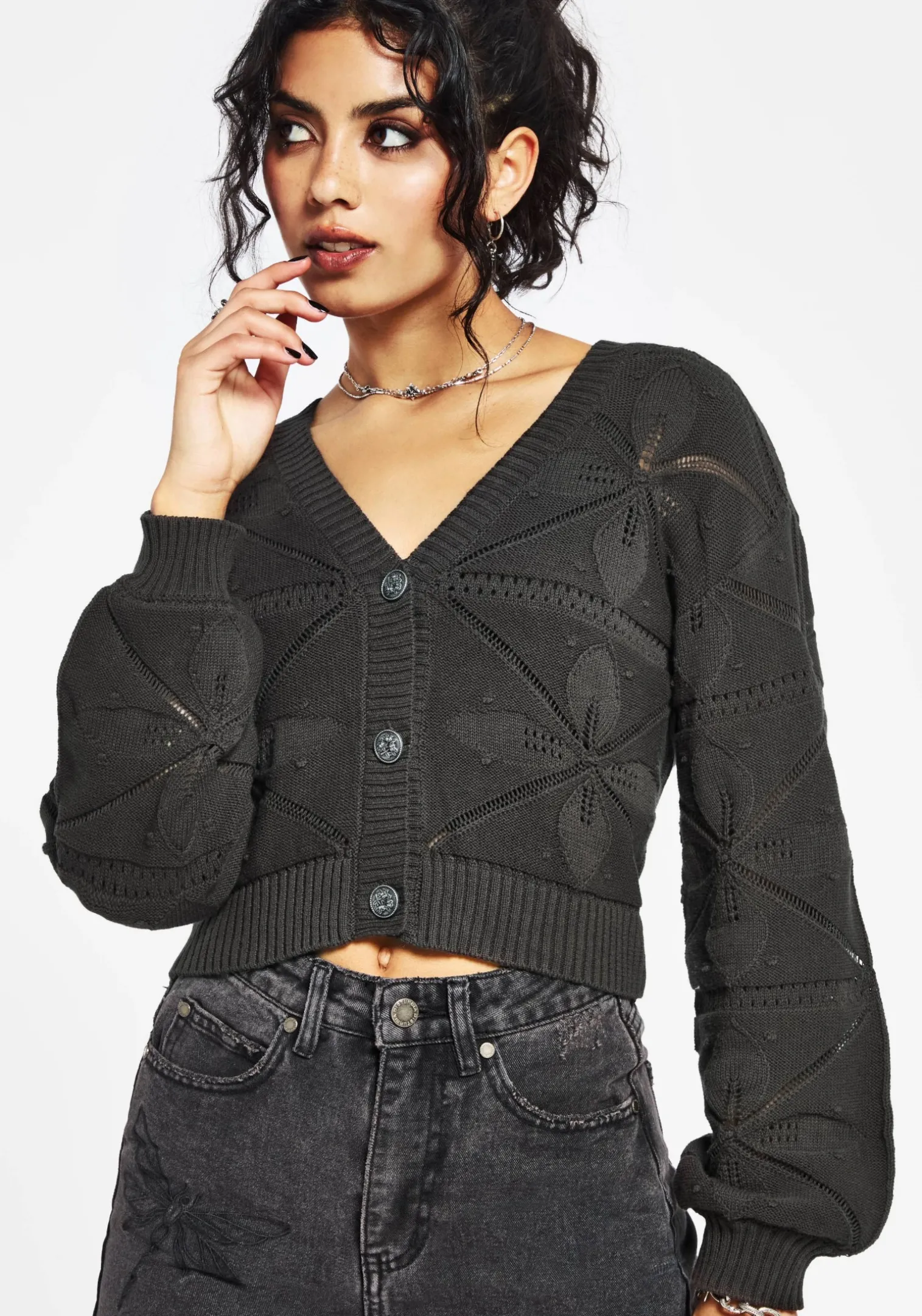Alda Floral Pointelle Balloon Sleeve Knit Cardigan