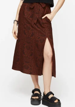 Annabel Raven Print Split Front Midi Skirt - Rust