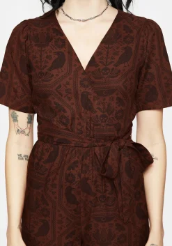 Annabel Raven Print Tie Waist Playsuit - Rust
