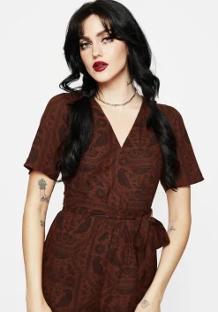 Annabel Raven Print Tie Waist Playsuit - Rust