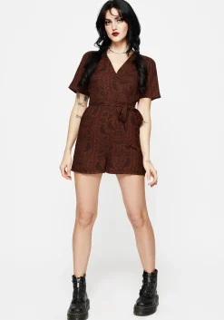 Annabel Raven Print Tie Waist Playsuit - Rust