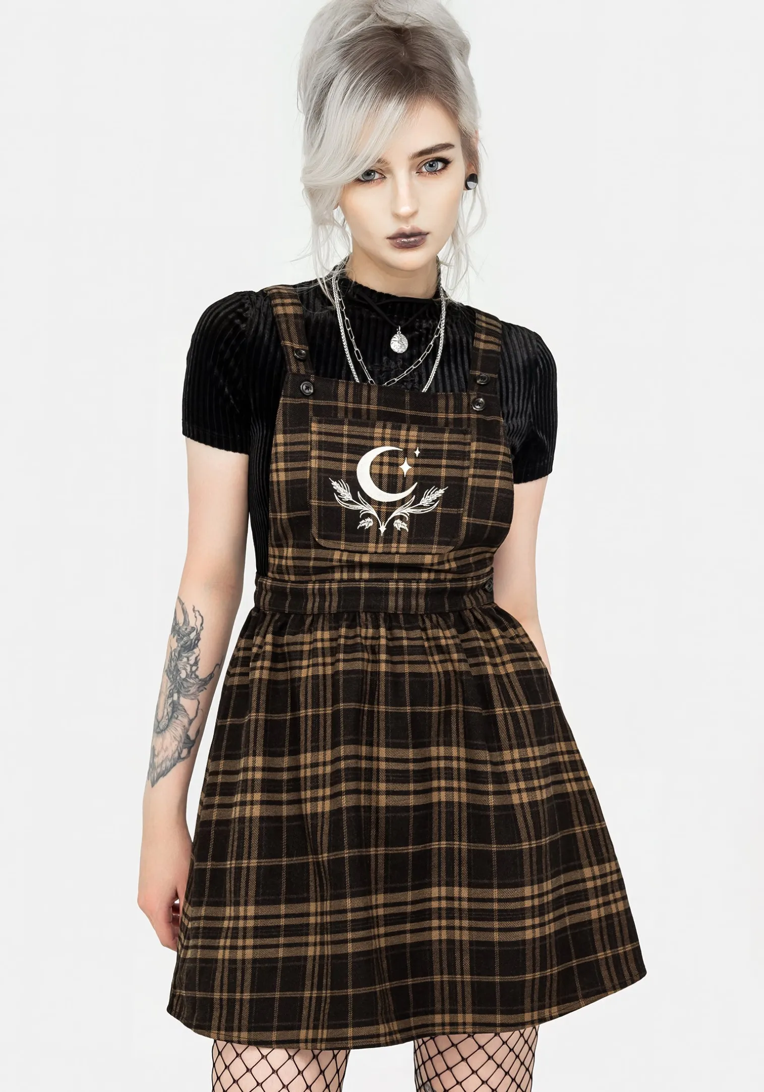 Artume Embroidered Check Mini Pinafore Dress