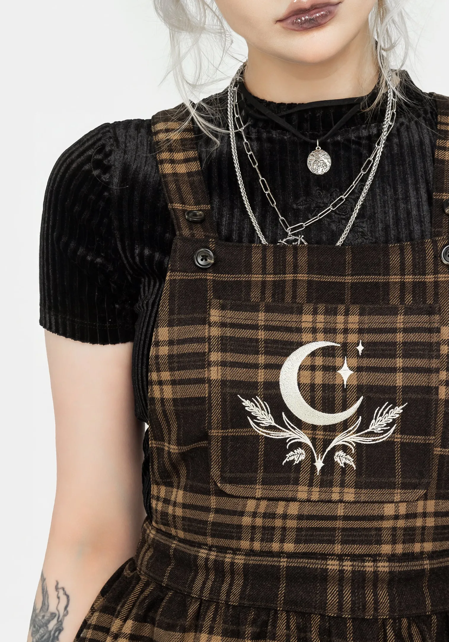 Artume Embroidered Check Mini Pinafore Dress