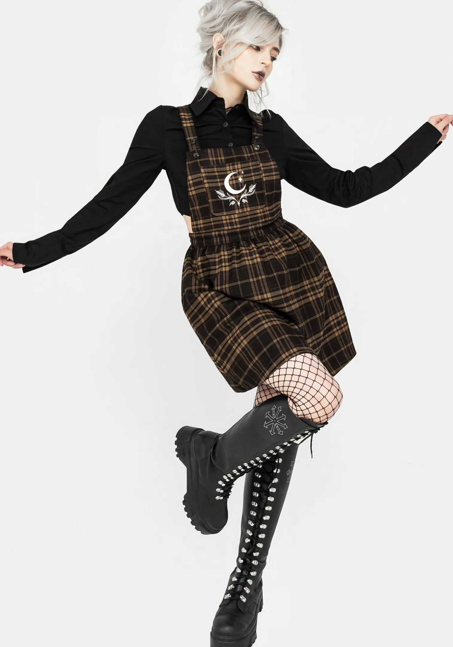 Artume Embroidered Check Mini Pinafore Dress
