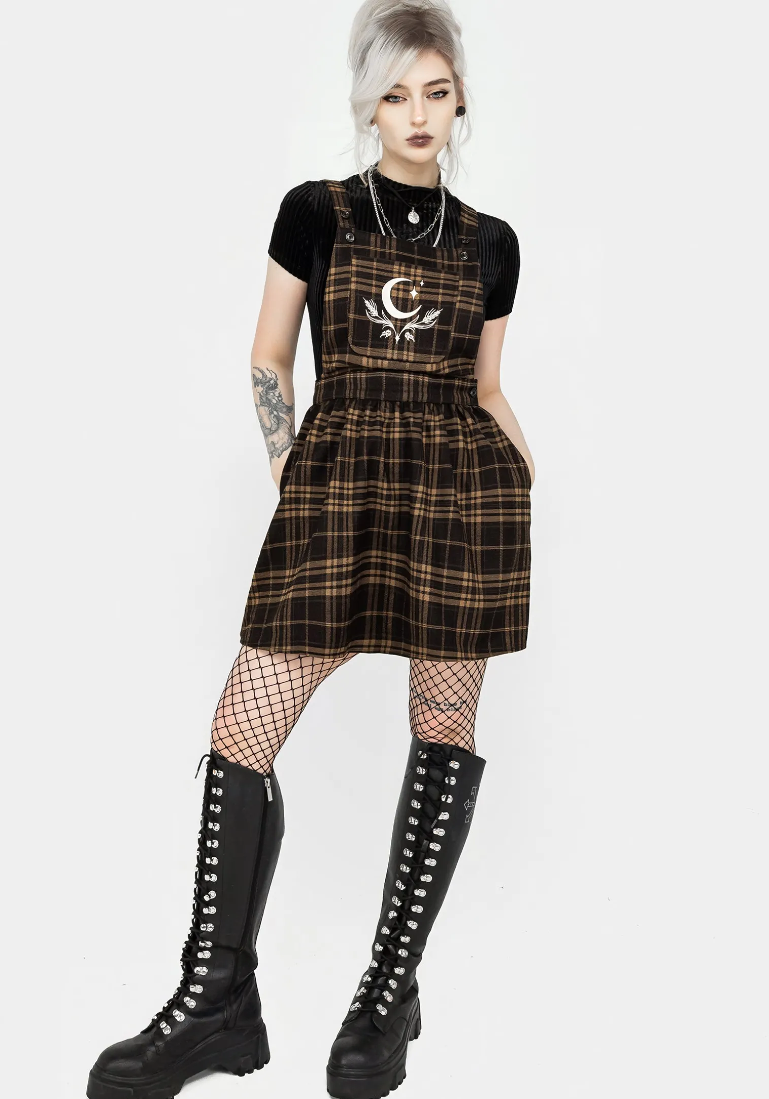 Artume Embroidered Check Mini Pinafore Dress