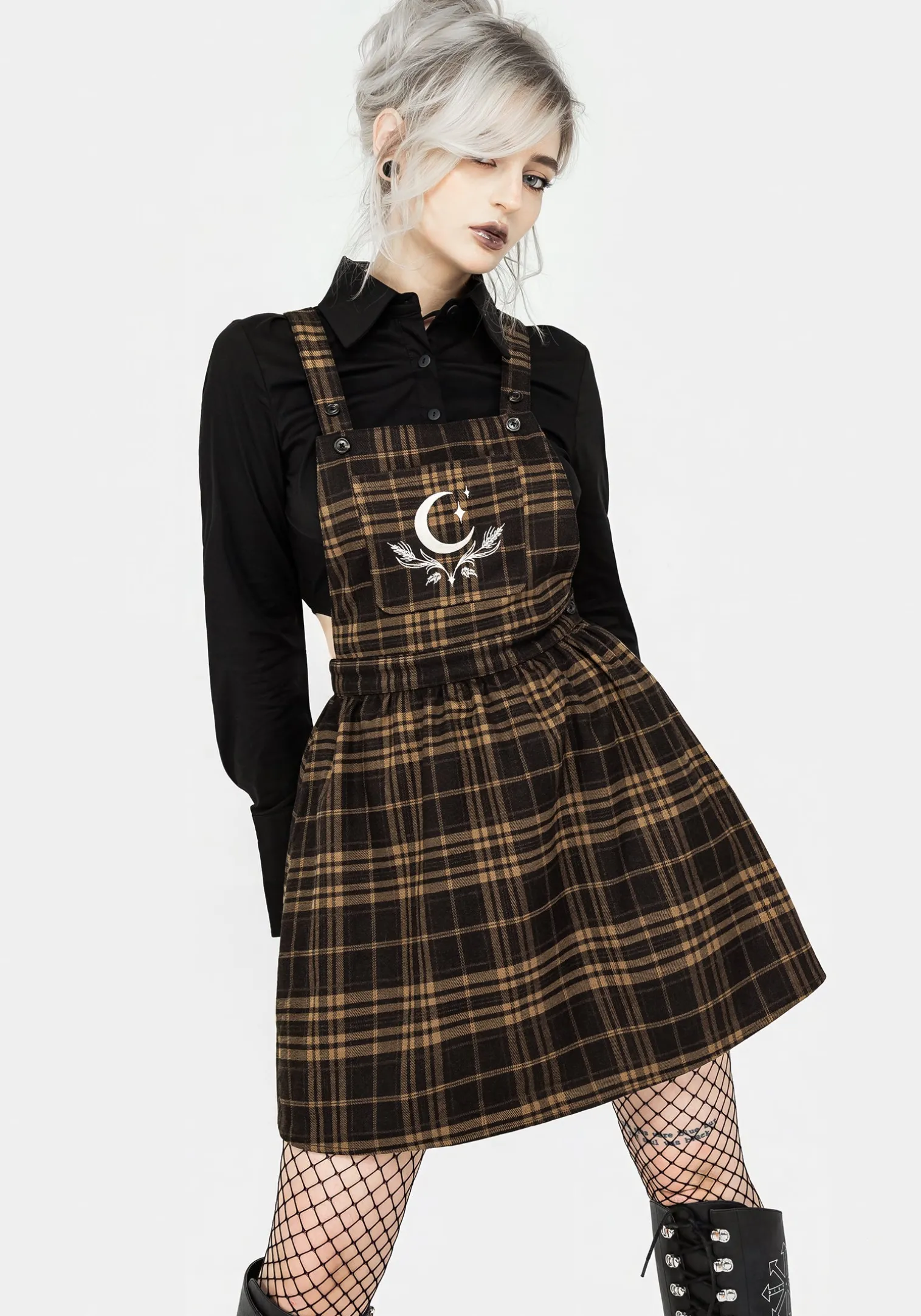 Artume Embroidered Check Mini Pinafore Dress