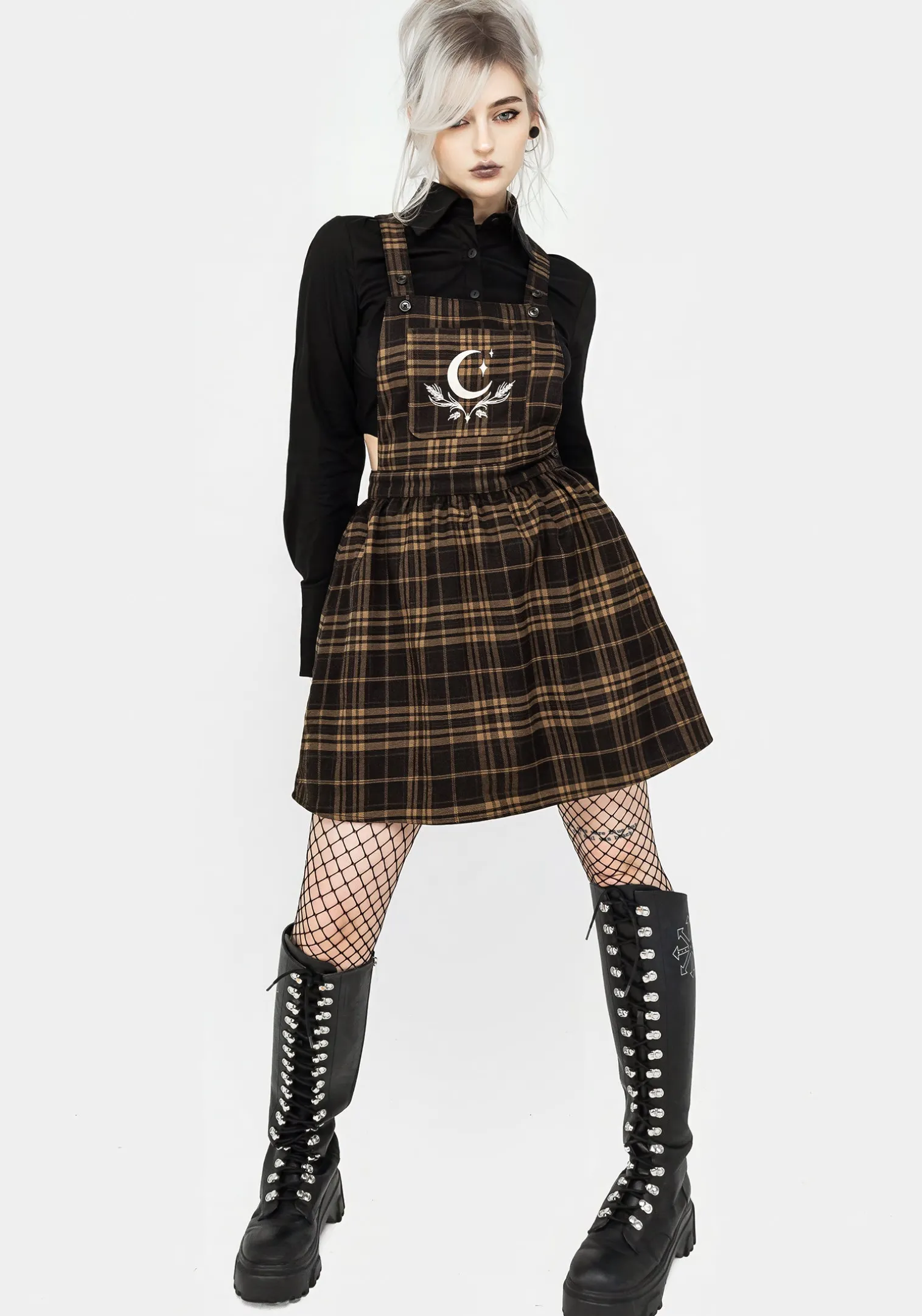Artume Embroidered Check Mini Pinafore Dress