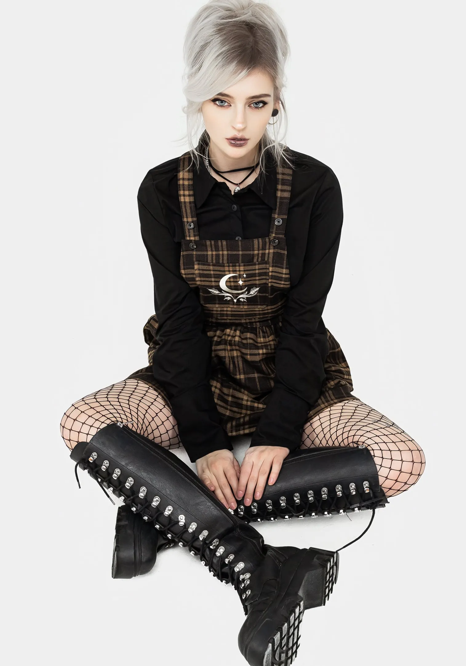 Artume Embroidered Check Mini Pinafore Dress