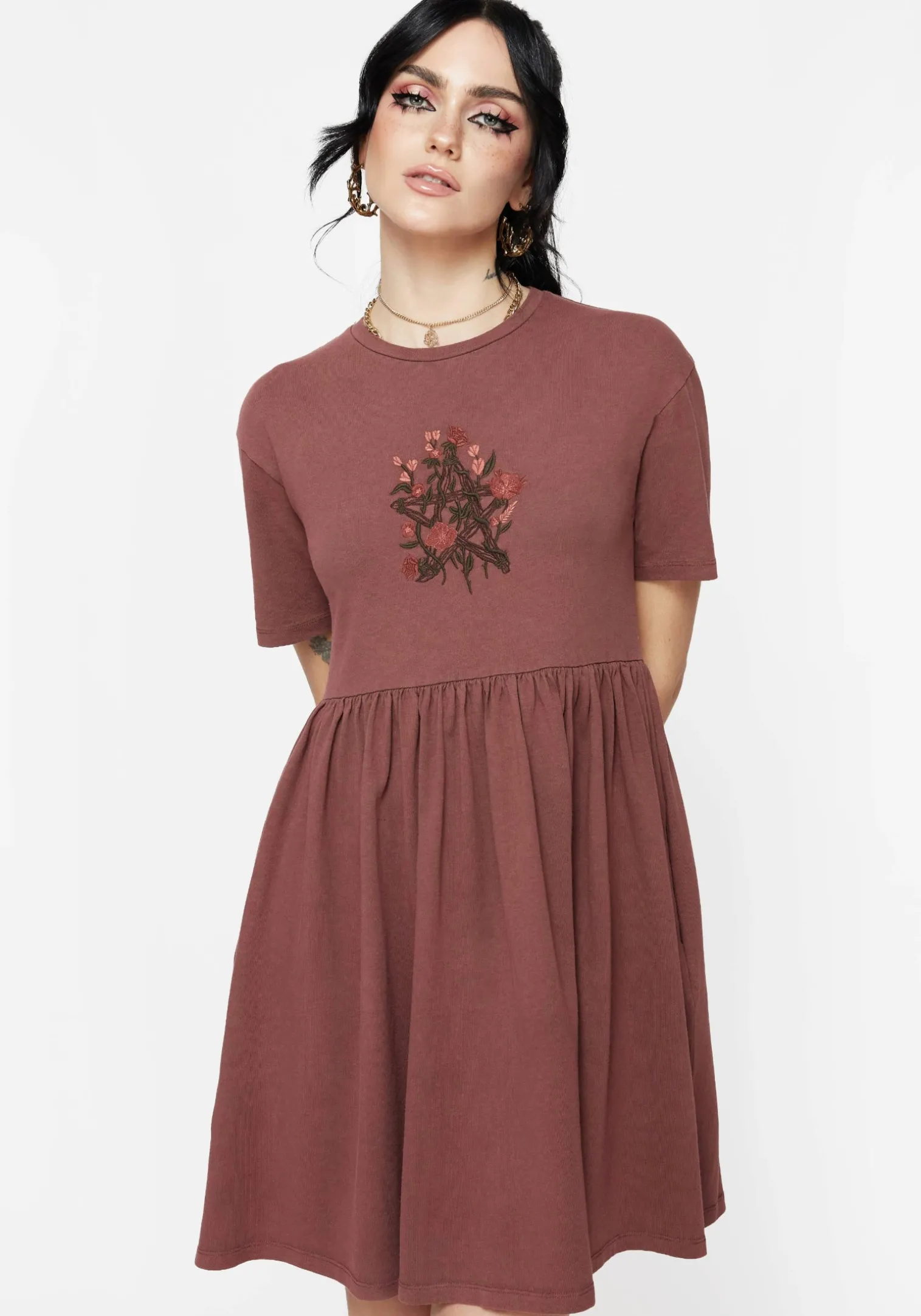 Aster Cotton Pentagram Embroidered Mini Skater Dress
