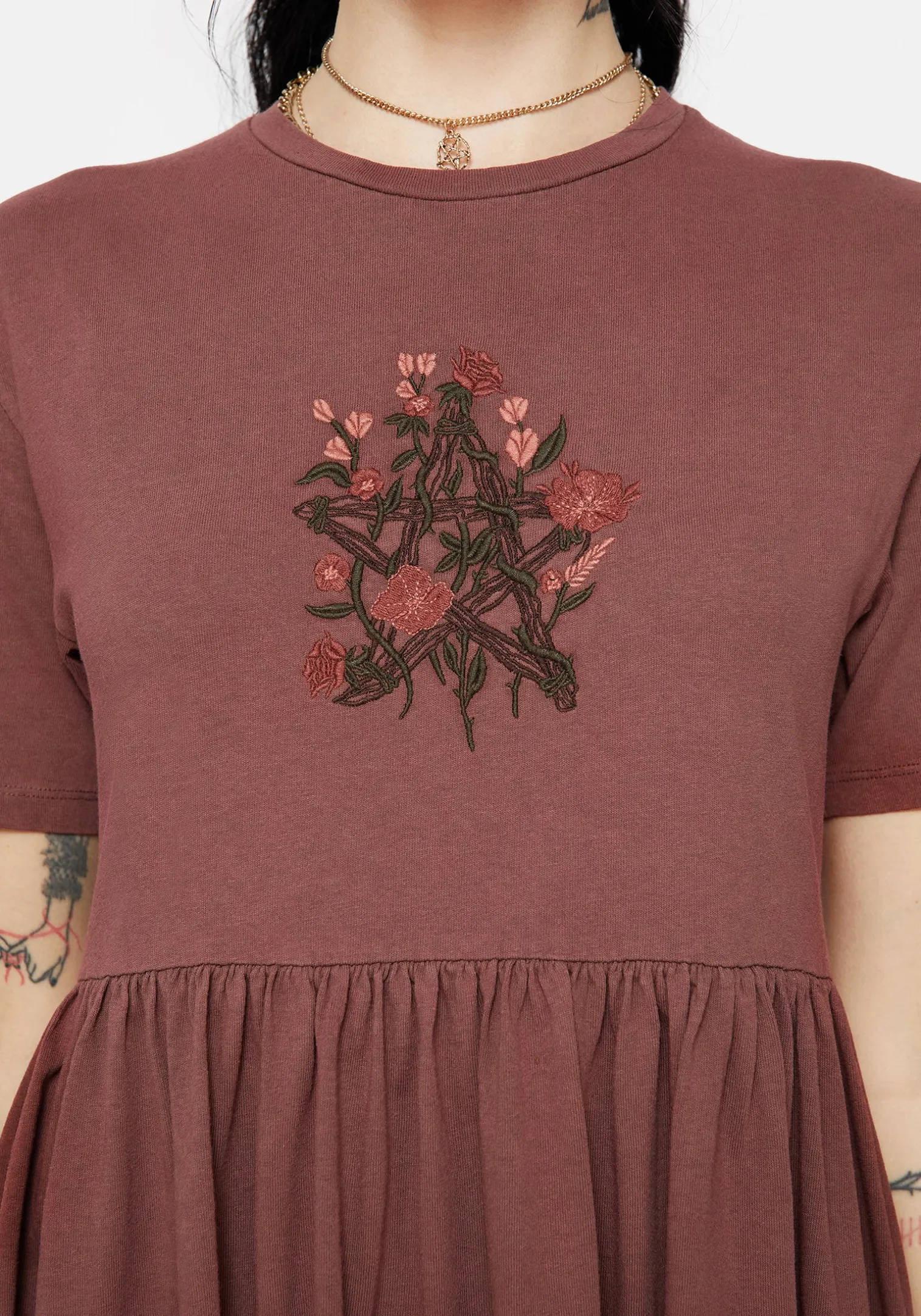 Aster Cotton Pentagram Embroidered Mini Skater Dress