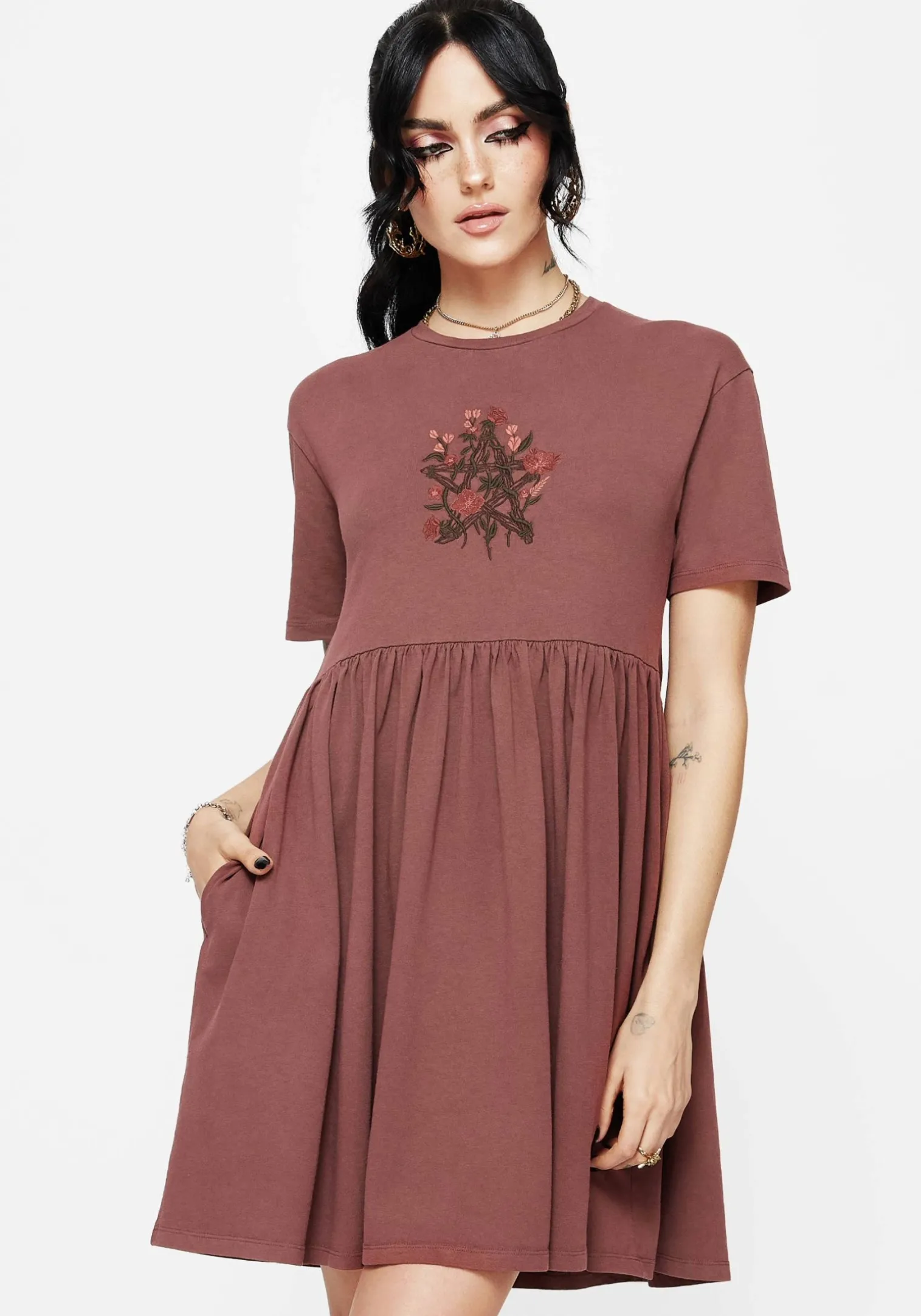 Aster Cotton Pentagram Embroidered Mini Skater Dress