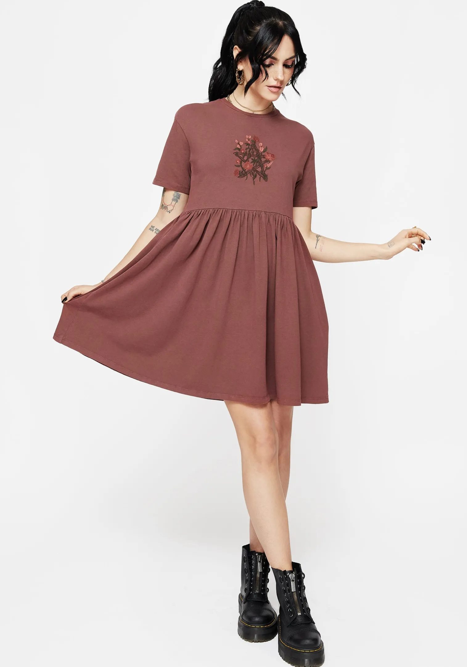 Aster Cotton Pentagram Embroidered Mini Skater Dress