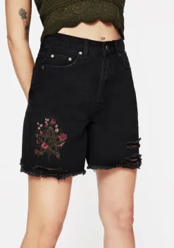 Aster Floral Embroidered Mid Length Denim Shorts