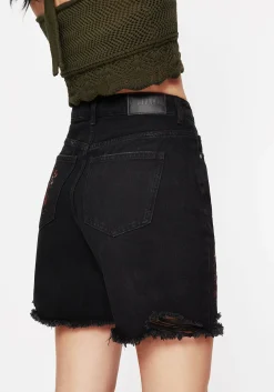 Aster Floral Embroidered Mid Length Denim Shorts