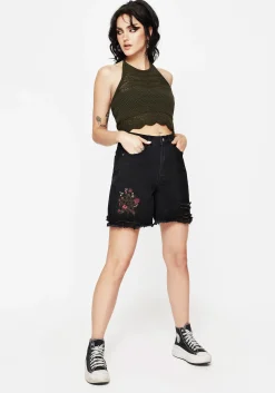 Aster Floral Embroidered Mid Length Denim Shorts