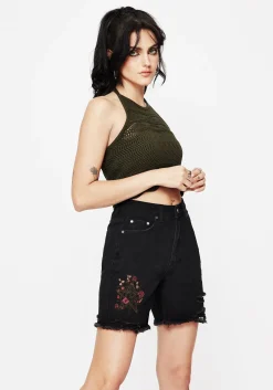 Aster Floral Embroidered Mid Length Denim Shorts