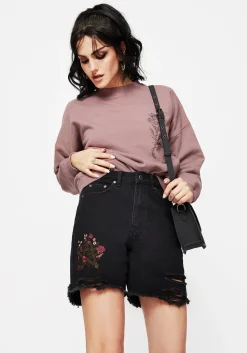 Aster Floral Embroidered Mid Length Denim Shorts