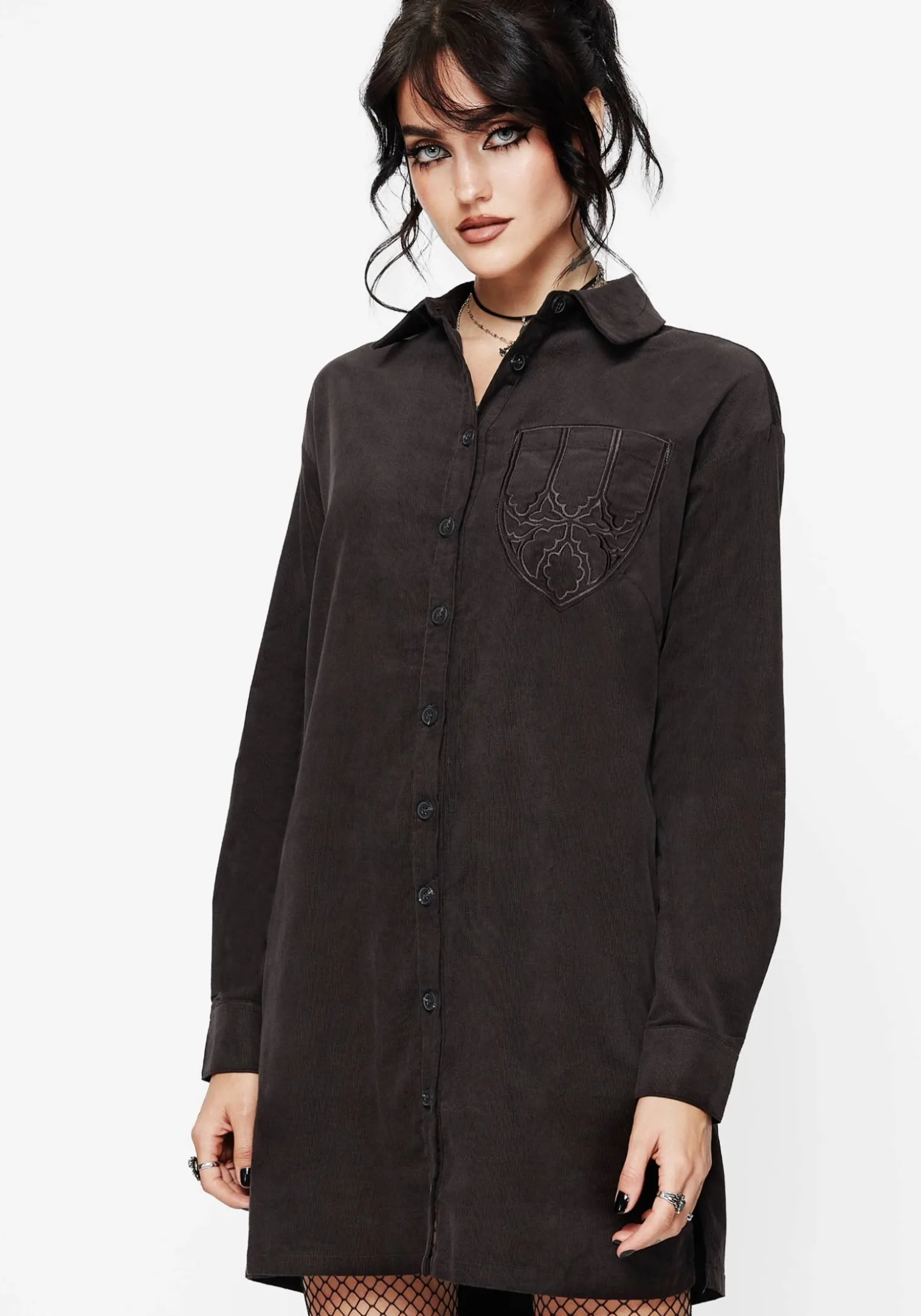 Axis Cotton Pocket Embroidered Mini Shirt Dress