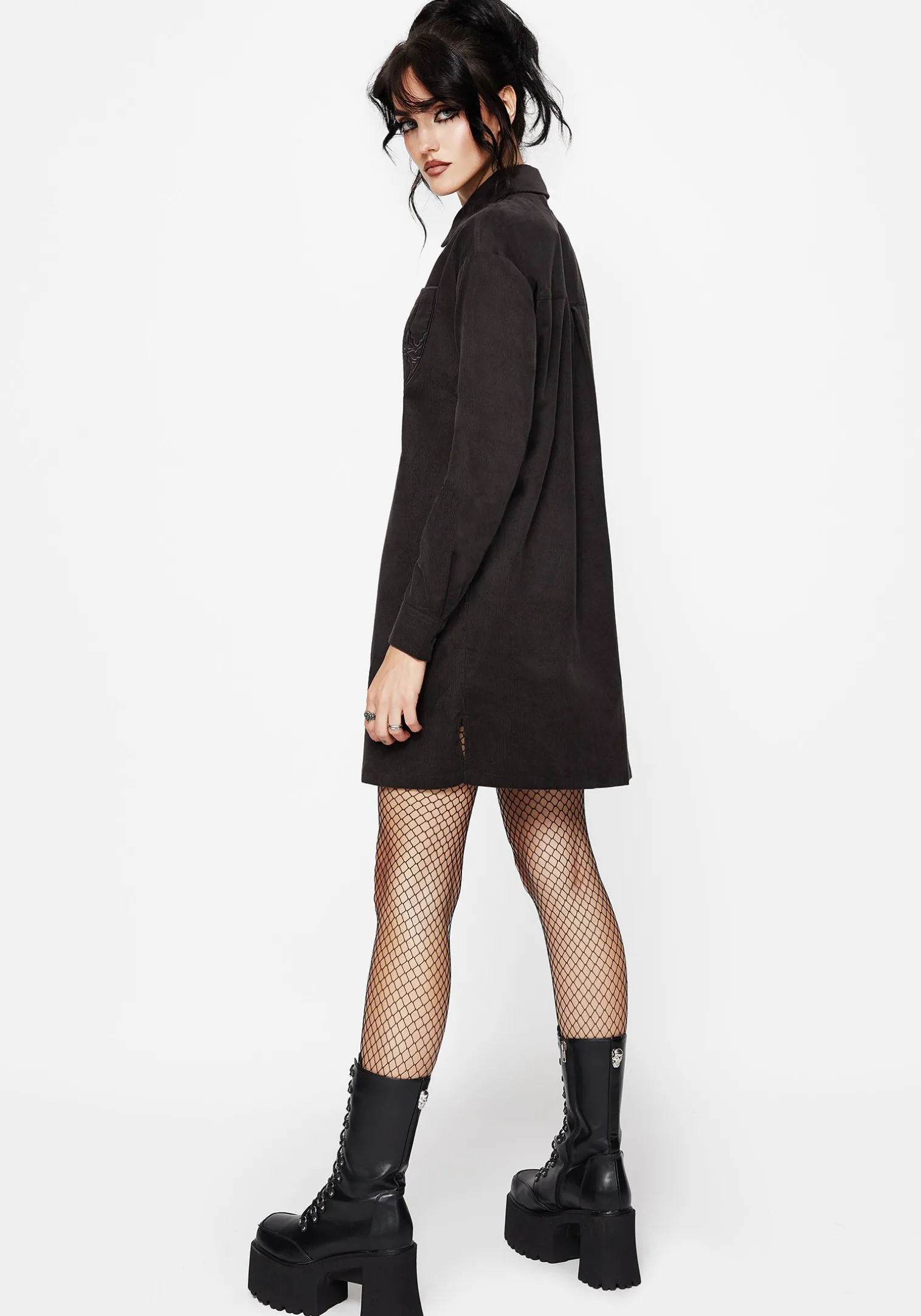Axis Cotton Pocket Embroidered Mini Shirt Dress