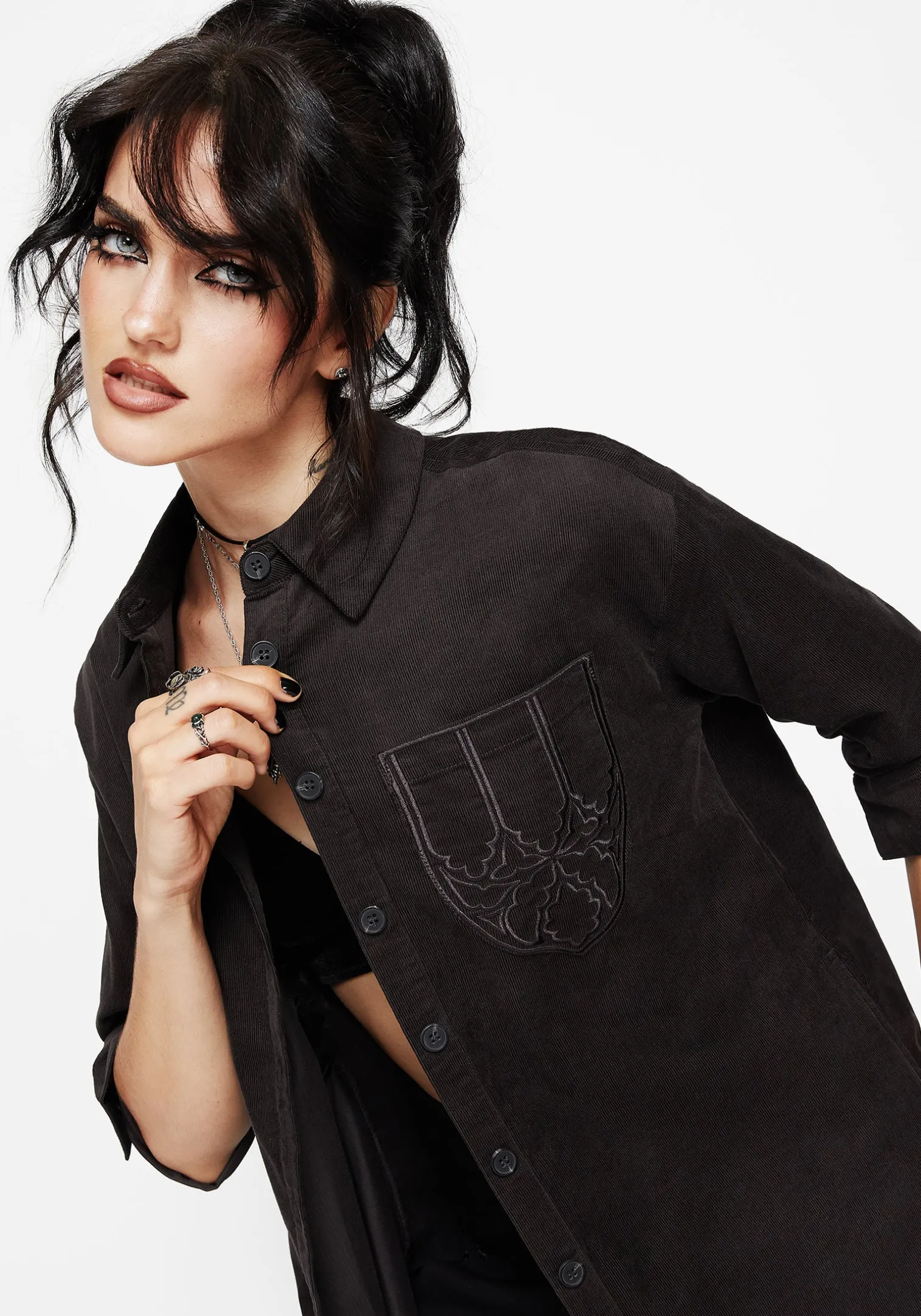Axis Cotton Pocket Embroidered Mini Shirt Dress