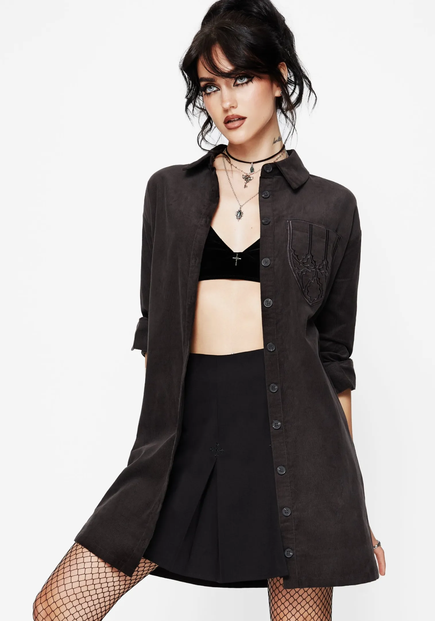 Axis Cotton Pocket Embroidered Mini Shirt Dress