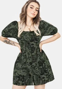 Bashe Cotton Puff Sleeve Playsuit - Green
