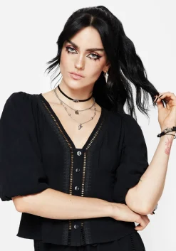 Blessing Lace Trim Tapered Waist Blouse Top