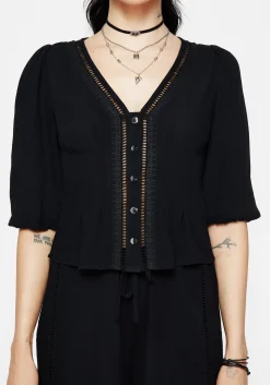 Blessing Lace Trim Tapered Waist Blouse Top