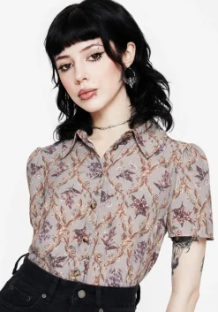 Blossom Floral Tile Printed Cropped Button Up Shirt