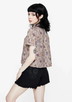 Blossom Floral Tile Printed Cropped Button Up Shirt