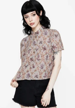 Blossom Floral Tile Printed Cropped Button Up Shirt