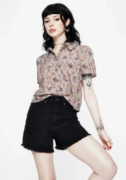 Blossom Floral Tile Printed Cropped Button Up Shirt