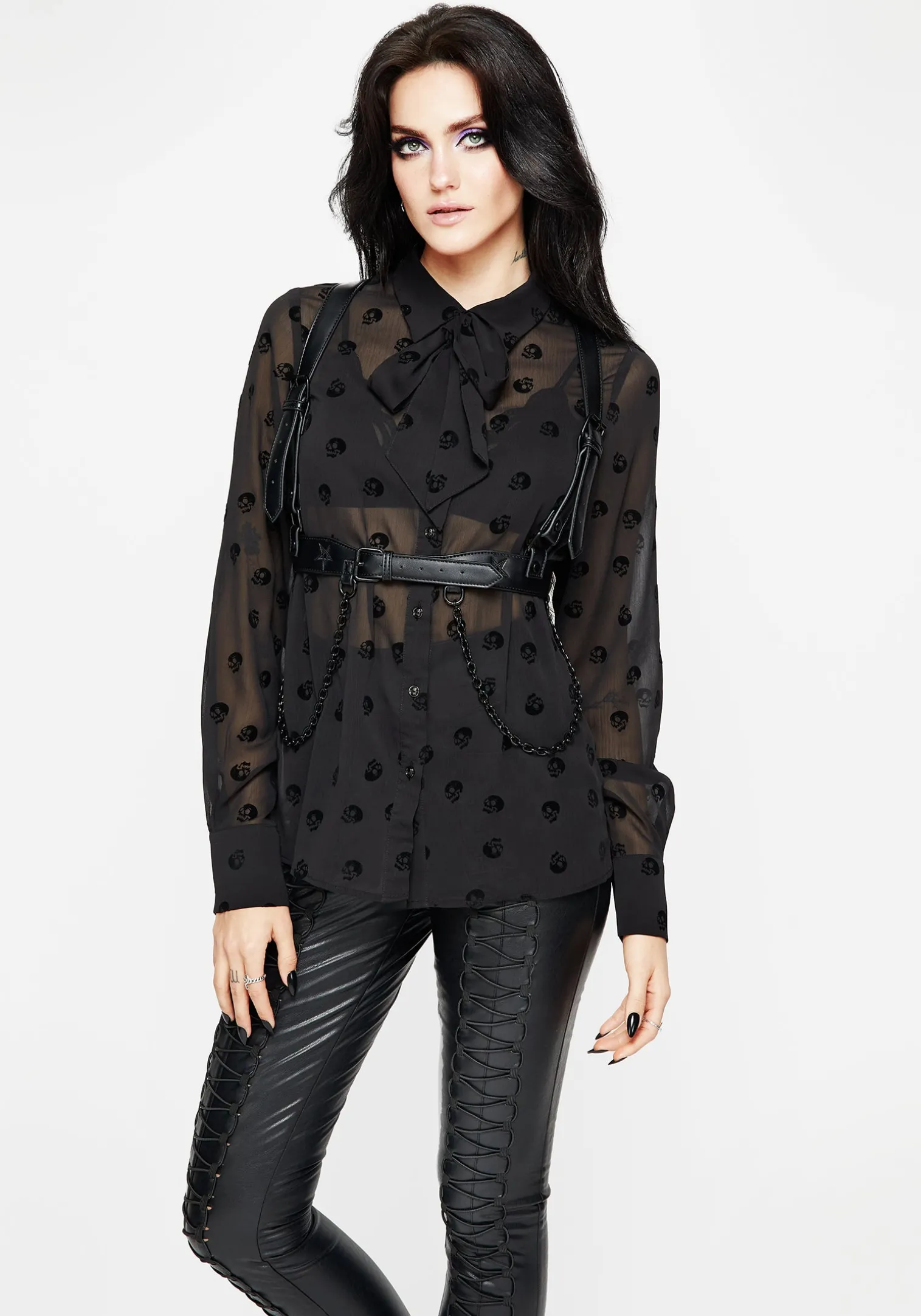 Bones Flocked Chiffon Button Up Blouse