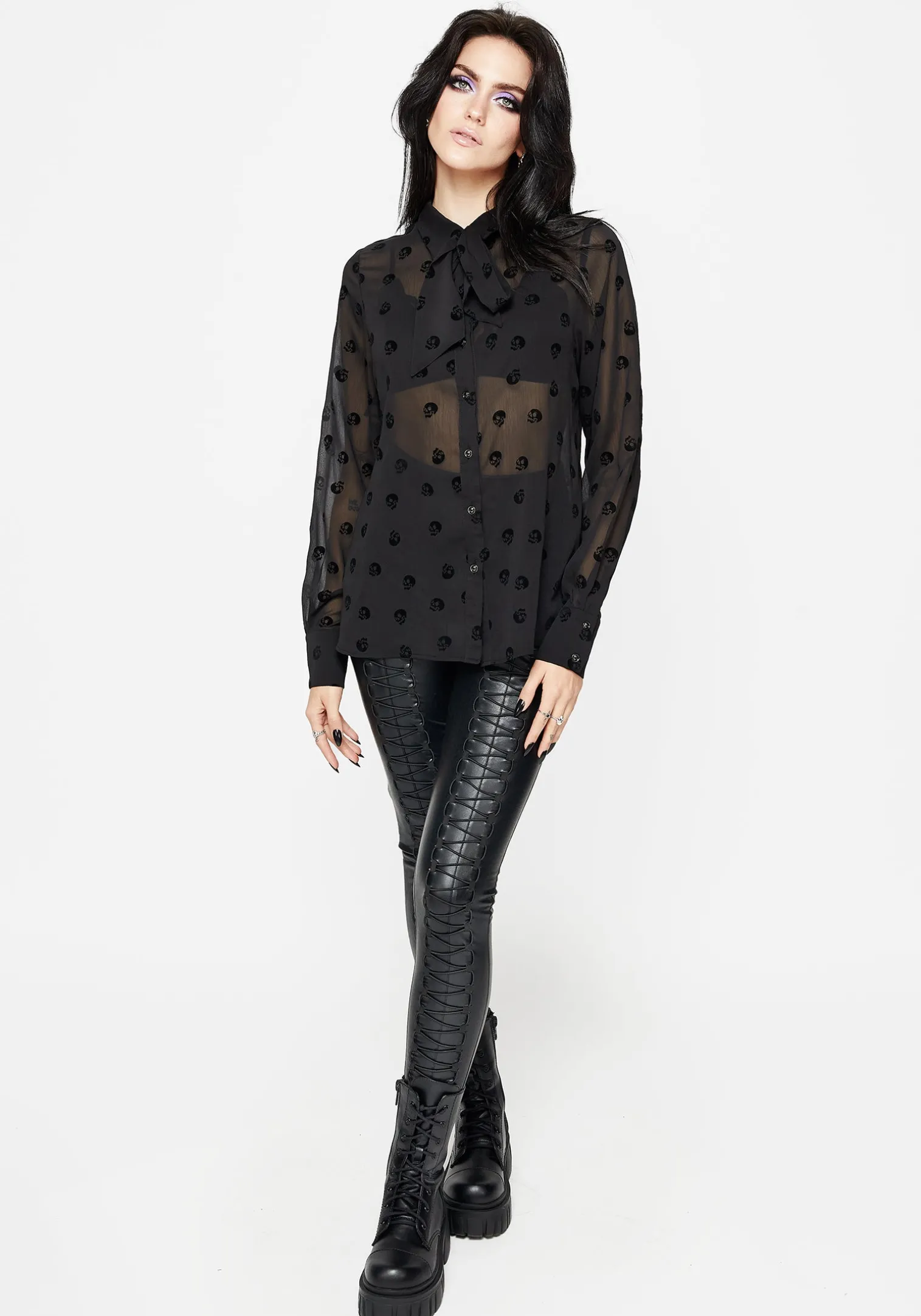 Bones Flocked Chiffon Button Up Blouse