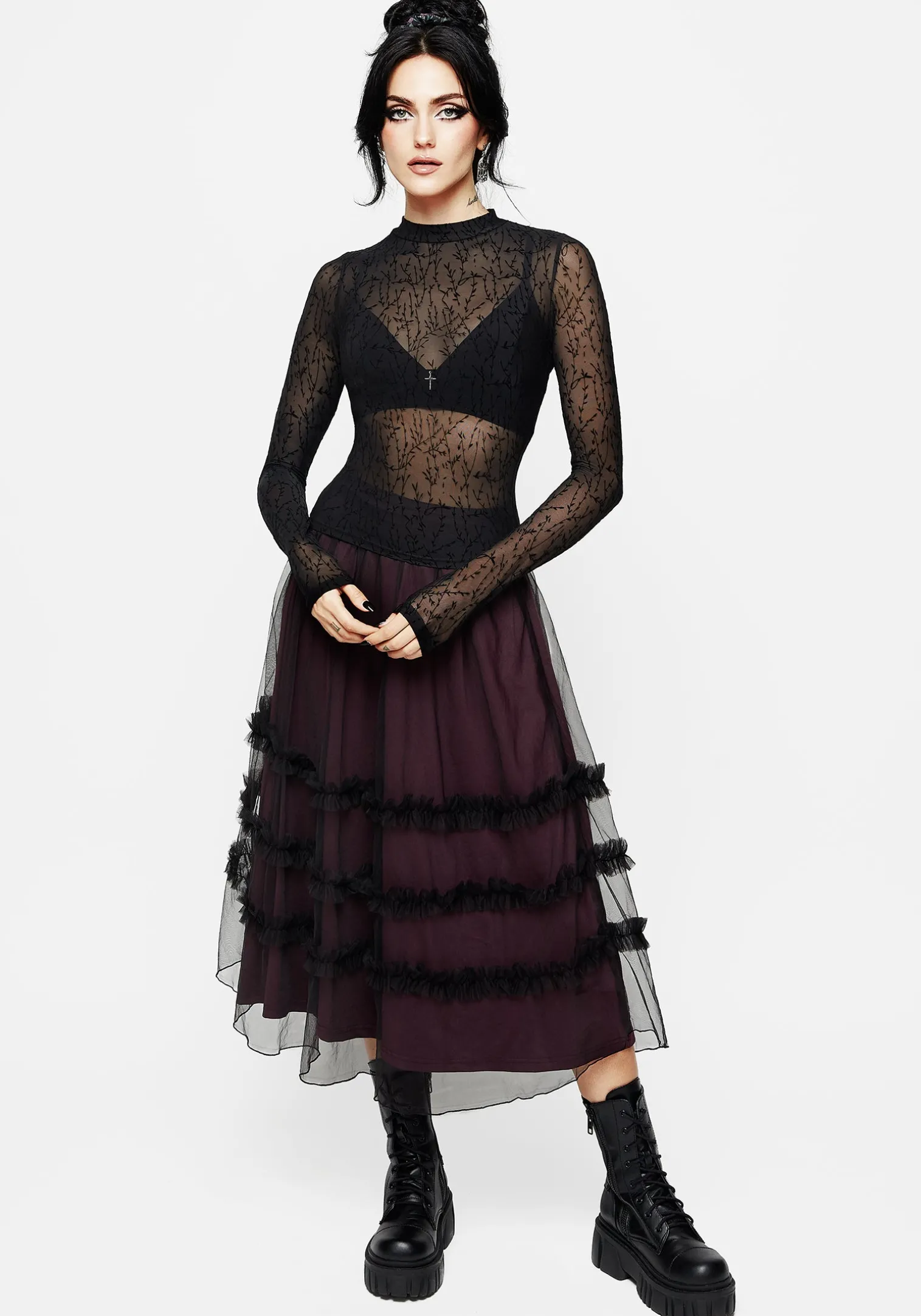 Bouquet Floral Flocked Velour Mesh Top