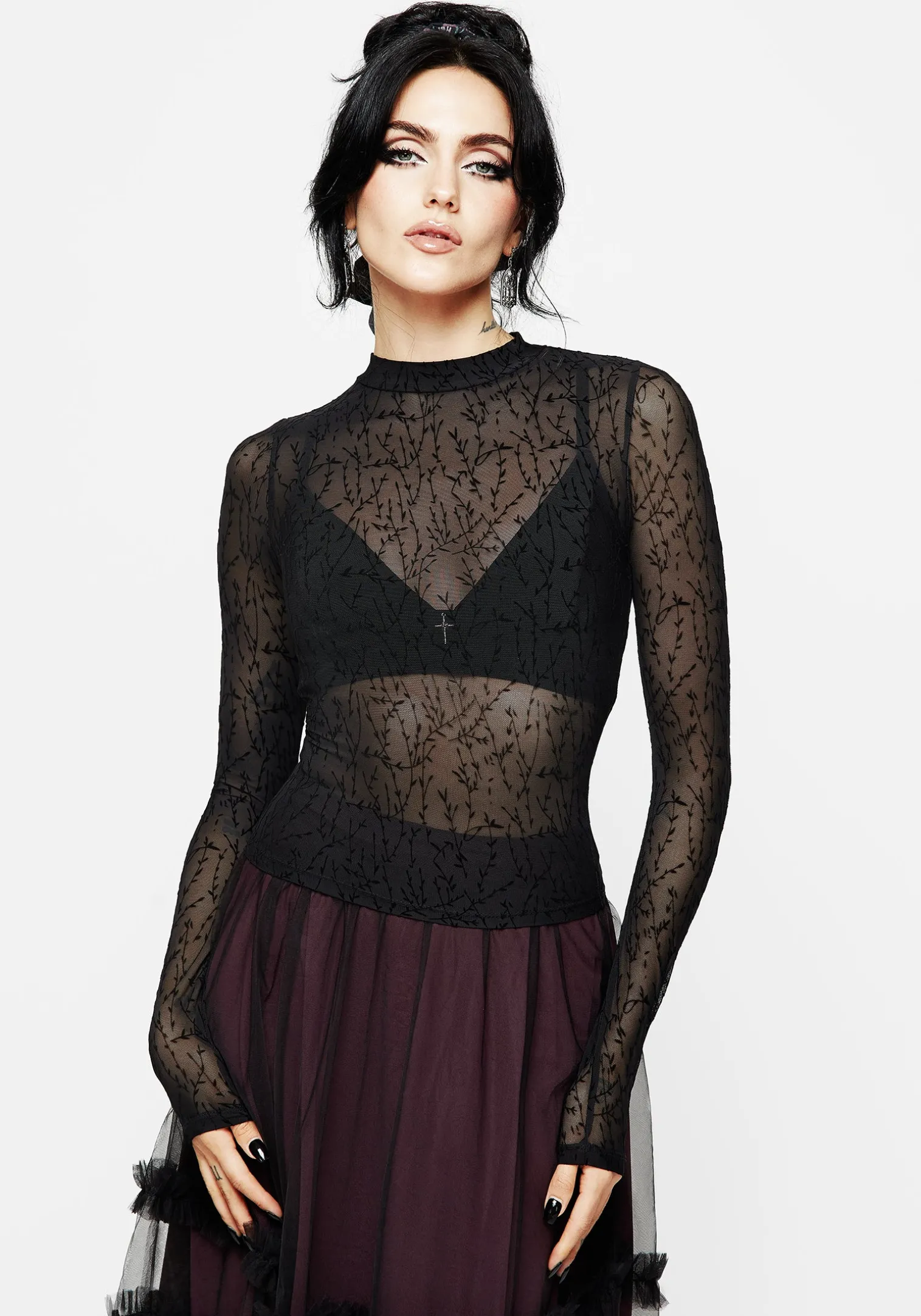 Bouquet Floral Flocked Velour Mesh Top