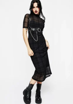 Buffy Flocked Velour Check Mesh Bodycon Midaxi Dress