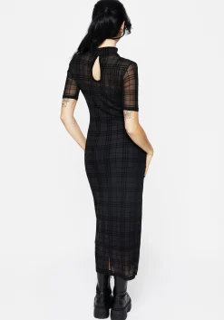 Buffy Flocked Velour Check Mesh Bodycon Midaxi Dress