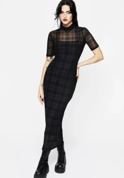 Buffy Flocked Velour Check Mesh Bodycon Midaxi Dress