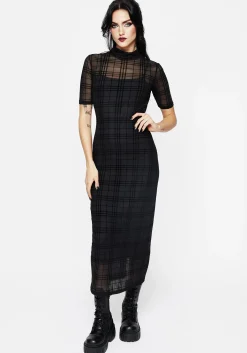 Buffy Flocked Velour Check Mesh Bodycon Midaxi Dress