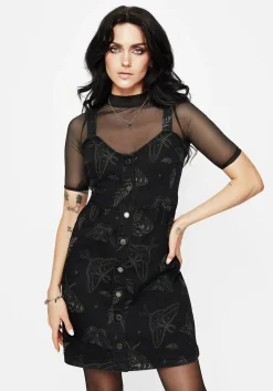 Callopistria Moth Print Denim Mini Apron Dress