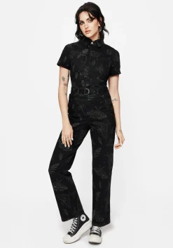 Callopistria Moth Print Denim Jumpsuit