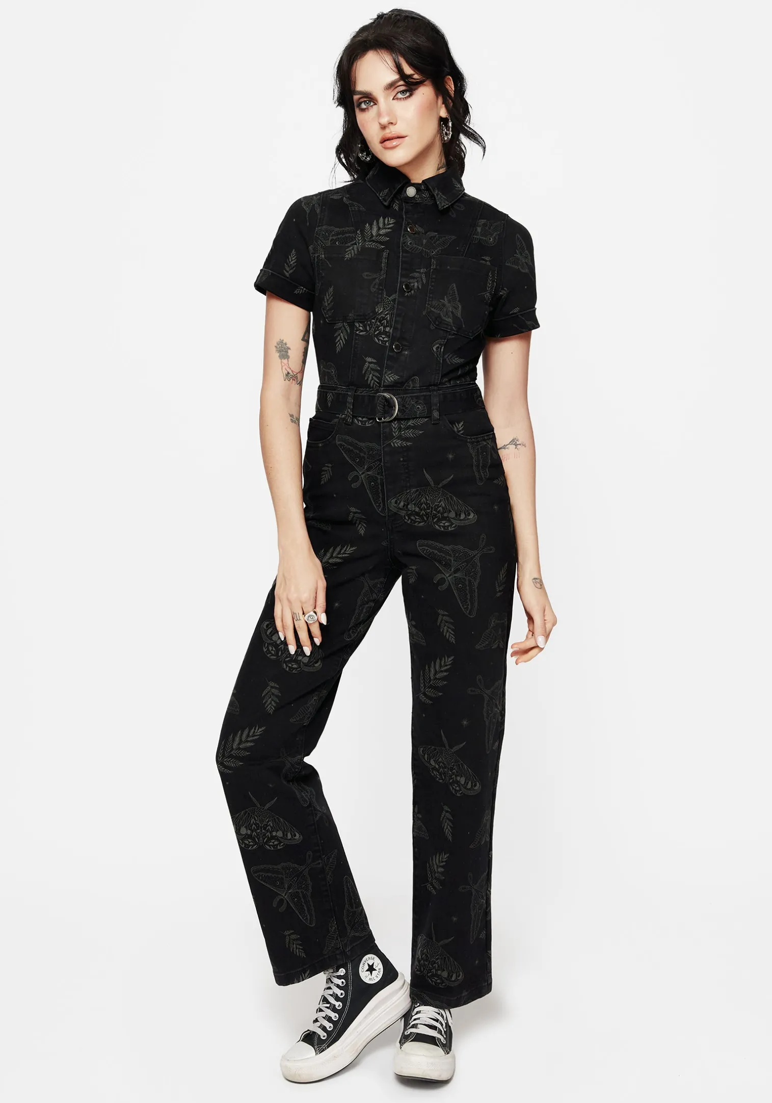 Callopistria Moth Print Denim Jumpsuit