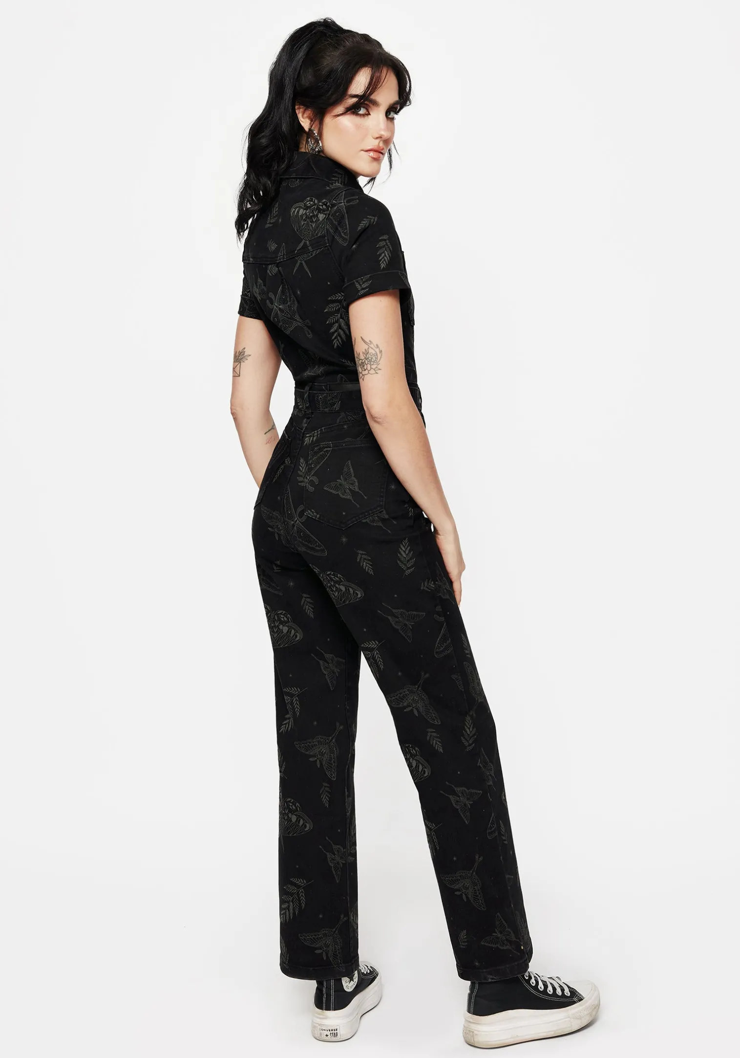 Callopistria Moth Print Denim Jumpsuit