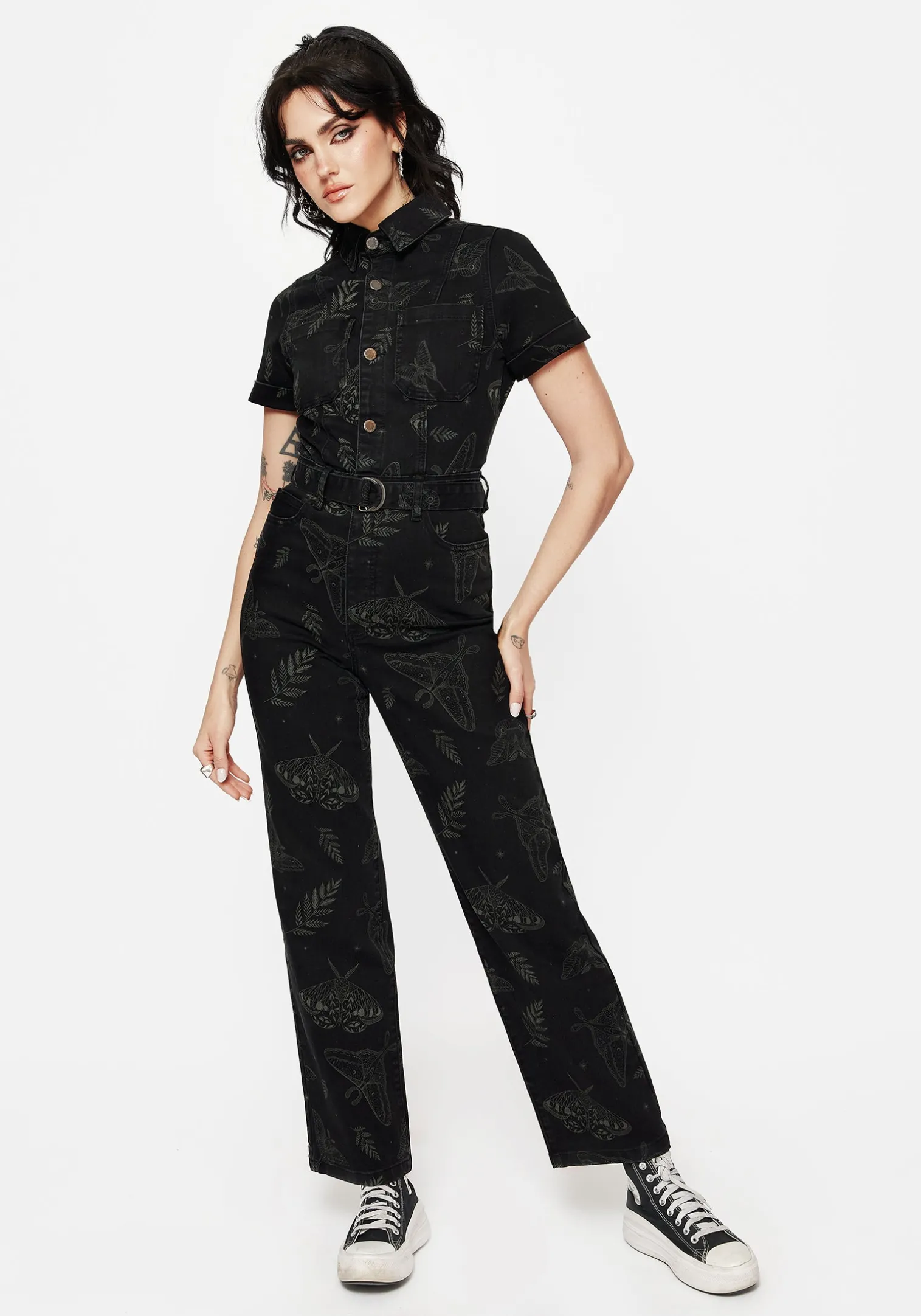 Callopistria Moth Print Denim Jumpsuit