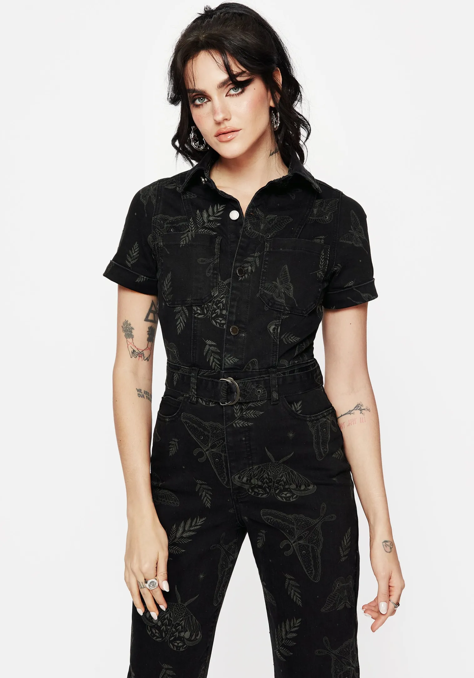Callopistria Moth Print Denim Jumpsuit